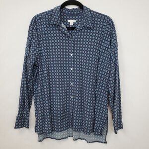 J. Jill Top Womens Small Medallion Button Front Long Sleeve Collared Blue